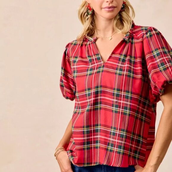 BiBi Christmas Plaid Short Sleeves Ruffled Blouse - Picture 7 of 11